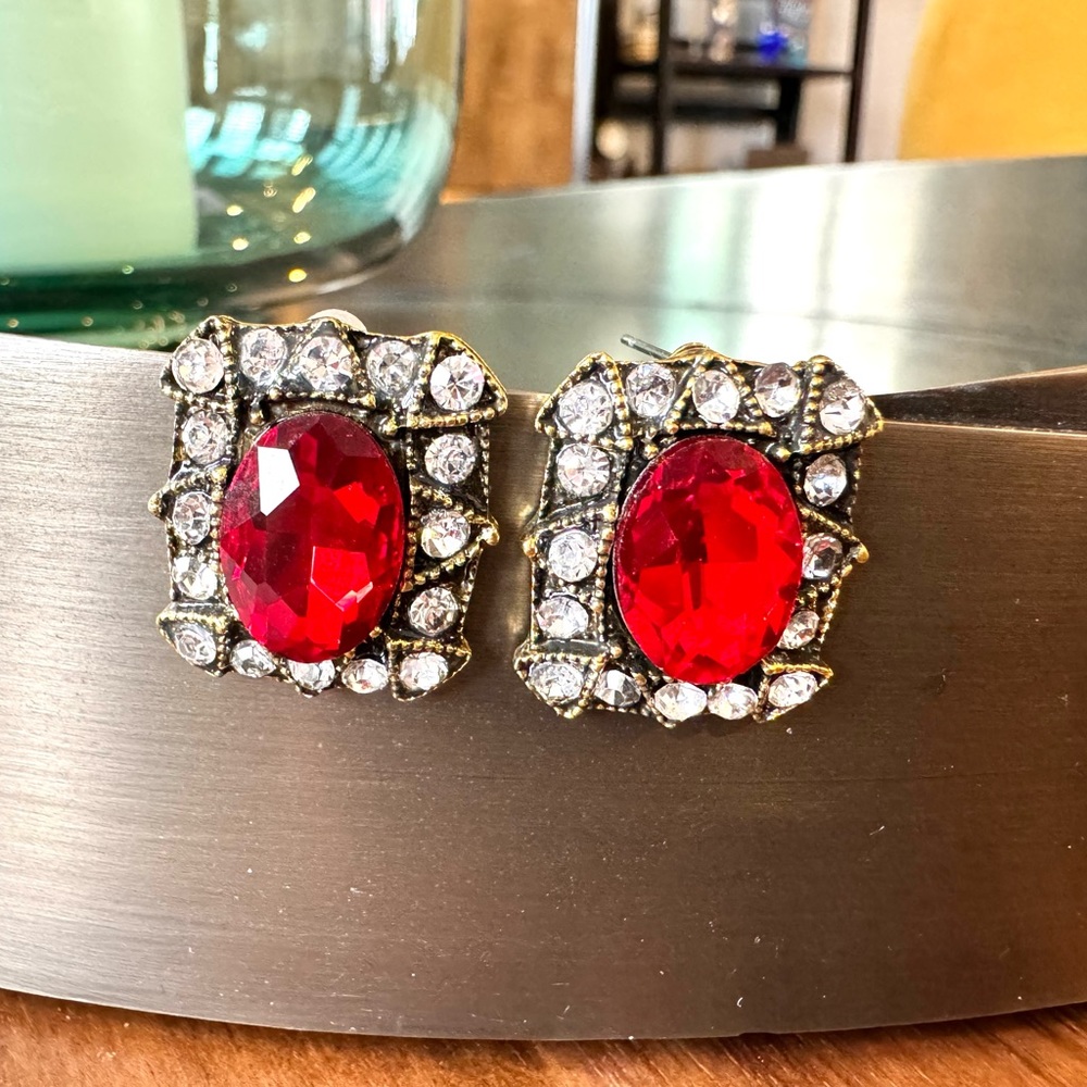 Vintage Red Gem Rectangular Earrings - image 5